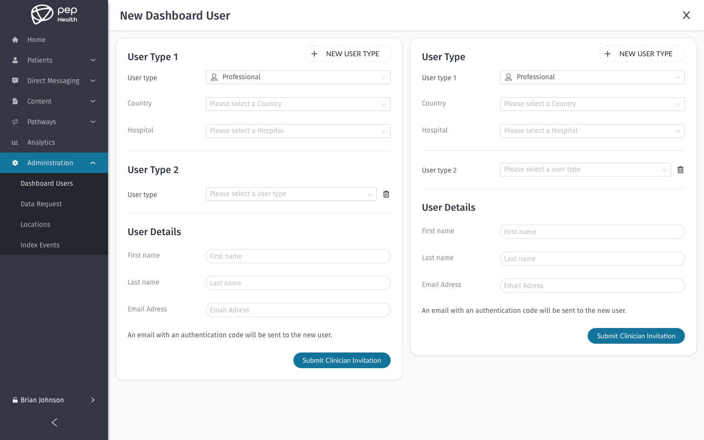 Dashboard administration screen